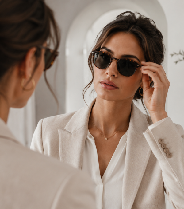 Persona probándose lentes de sol frente a un espejo como referencia para elegir lentes ideales según rostro y estilo.