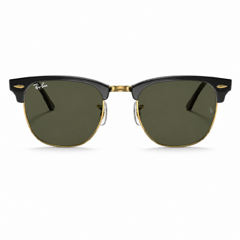 Ray-Ban Clubmaster Classic RB3016 W0365 vista frontal con montura negra y lentes verdes