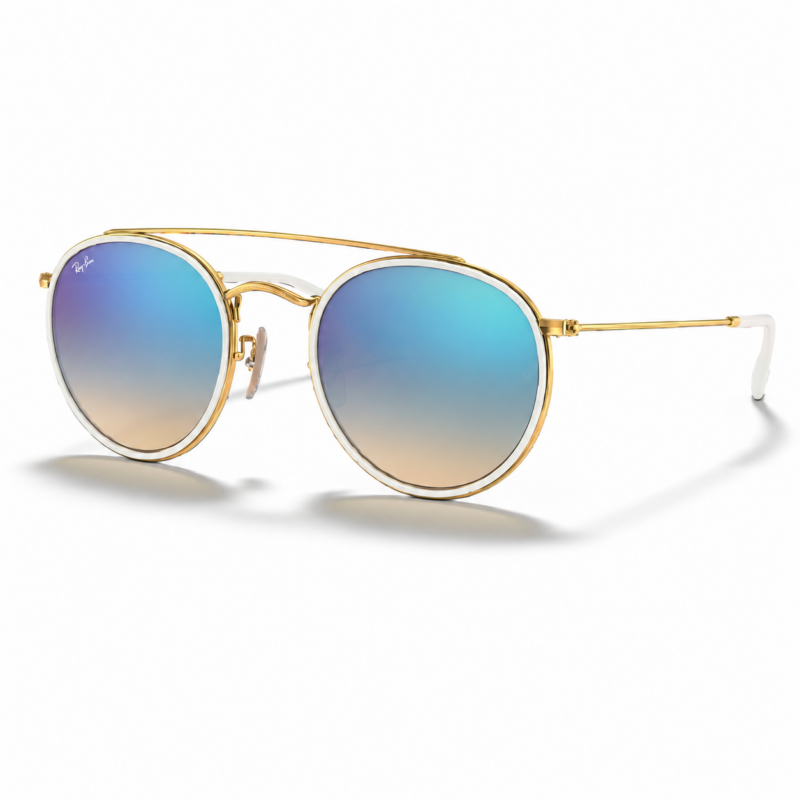 Ray-Ban Round Double Bridge RB3647N 001/40 en vista diagonal con lentes flash azul