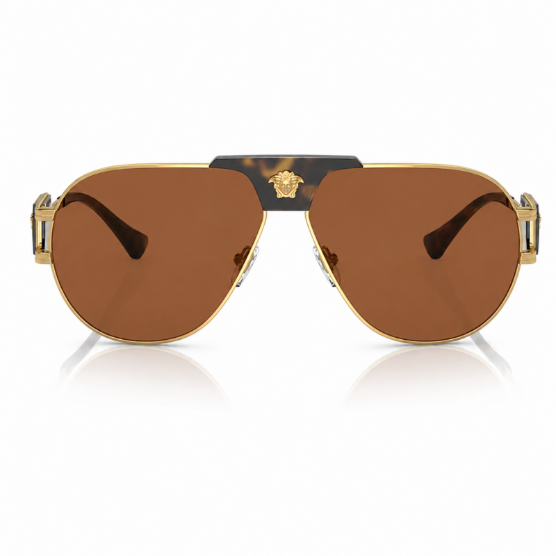 Versace VE2252 147073 vista frontal con montura dorada y lentes marrón oscuro