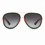 Lentes de sol Gucci estilo aviador con montura verde y rojo, estructura dorada y cristales degradados en vista frontal sobre fondo blanco.