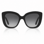 Lentes de sol Gucci negros en vista frontal, con montura oversized, cristales degradados grises y diseño elegante sobre fondo blanco.