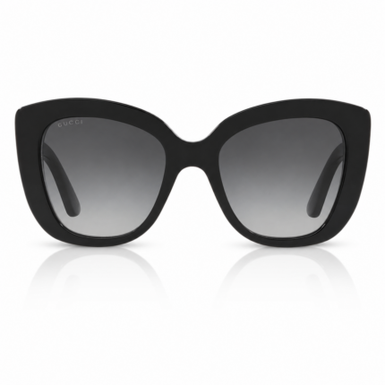 Lentes de sol Gucci negros en vista frontal, con montura oversized, cristales degradados grises y diseño elegante sobre fondo blanco.