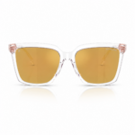 Lentes de sol Michael Kors MK2256U Menaggio en vista frontal, con montura transparente, detalles rosé y cristales dorados sobre fondo blanco.