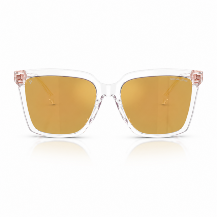 Lentes de sol Michael Kors MK2256U Menaggio en vista frontal, con montura transparente, detalles rosé y cristales dorados sobre fondo blanco.
