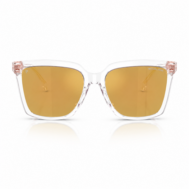 Lentes de sol Michael Kors MK2256U Menaggio en vista frontal, con montura transparente, detalles rosé y cristales dorados sobre fondo blanco.