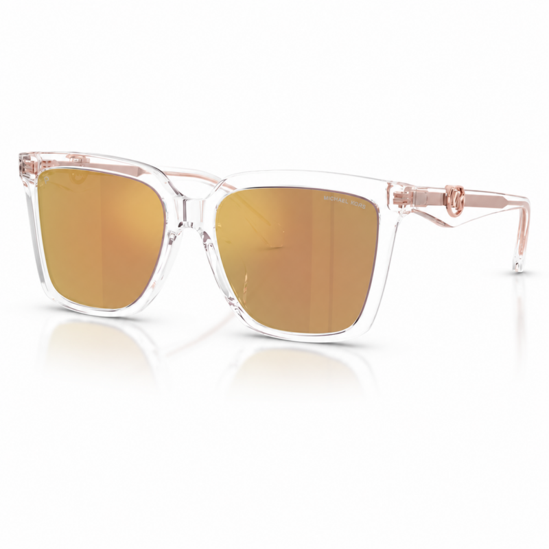 Lentes de sol Michael Kors MK2256U Menaggio en vista principal, con montura transparente, patillas rosé y cristales dorados sobre fondo blanco.