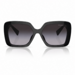 Lentes de sol Miu Miu negros en vista frontal, con montura gruesa, cristales degradados oscuros y diseño cuadrado sobre fondo blanco.
