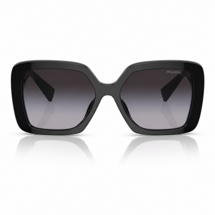 Lentes de sol Miu Miu negros en vista frontal, con montura gruesa, cristales degradados oscuros y diseño cuadrado sobre fondo blanco.