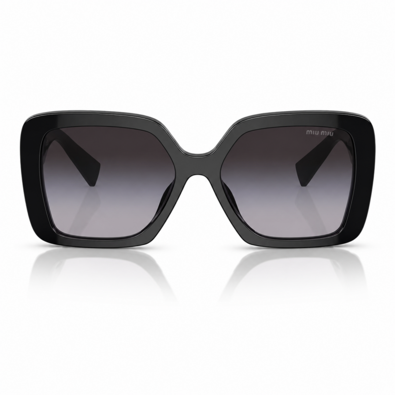 Lentes de sol Miu Miu negros en vista frontal, con montura gruesa, cristales degradados oscuros y diseño cuadrado sobre fondo blanco.