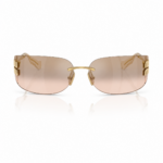 Lentes de sol Miu Miu sin marco en vista frontal, con cristales rosados, puente dorado y detalles metálicos laterales sobre fondo blanco.