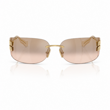 Lentes de sol Miu Miu sin marco en vista frontal, con cristales rosados, puente dorado y detalles metálicos laterales sobre fondo blanco.