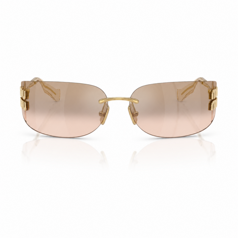 Lentes de sol Miu Miu sin marco en vista frontal, con cristales rosados, puente dorado y detalles metálicos laterales sobre fondo blanco.