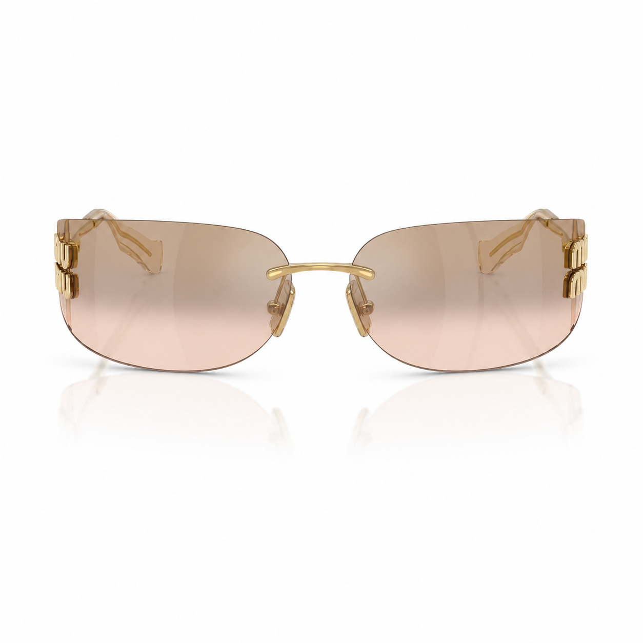 Lentes de sol Miu Miu sin marco dorados vista frontal Lentes de sol Miu Miu sin marco en vista frontal, con cristales rosados, puente dorado y detalles metálicos laterales sobre fondo blanco.