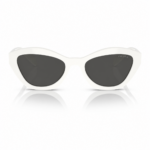 Lentes de sol Prada blancos en vista frontal, con montura estilo cat eye, cristales oscuros y logo Prada sobre fondo blanco.