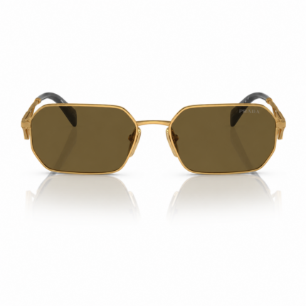 Lentes de sol Prada en vista frontal, con montura metálica dorada, cristales marrón y diseño rectangular sobre fondo blanco.