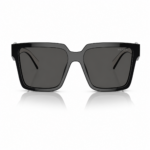 Lentes de sol Prada negros en vista frontal, con montura gruesa, cristales oscuros y diseño cuadrado sobre fondo blanco.