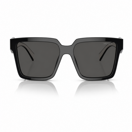 Lentes de sol Prada negros en vista frontal, con montura gruesa, cristales oscuros y diseño cuadrado sobre fondo blanco.