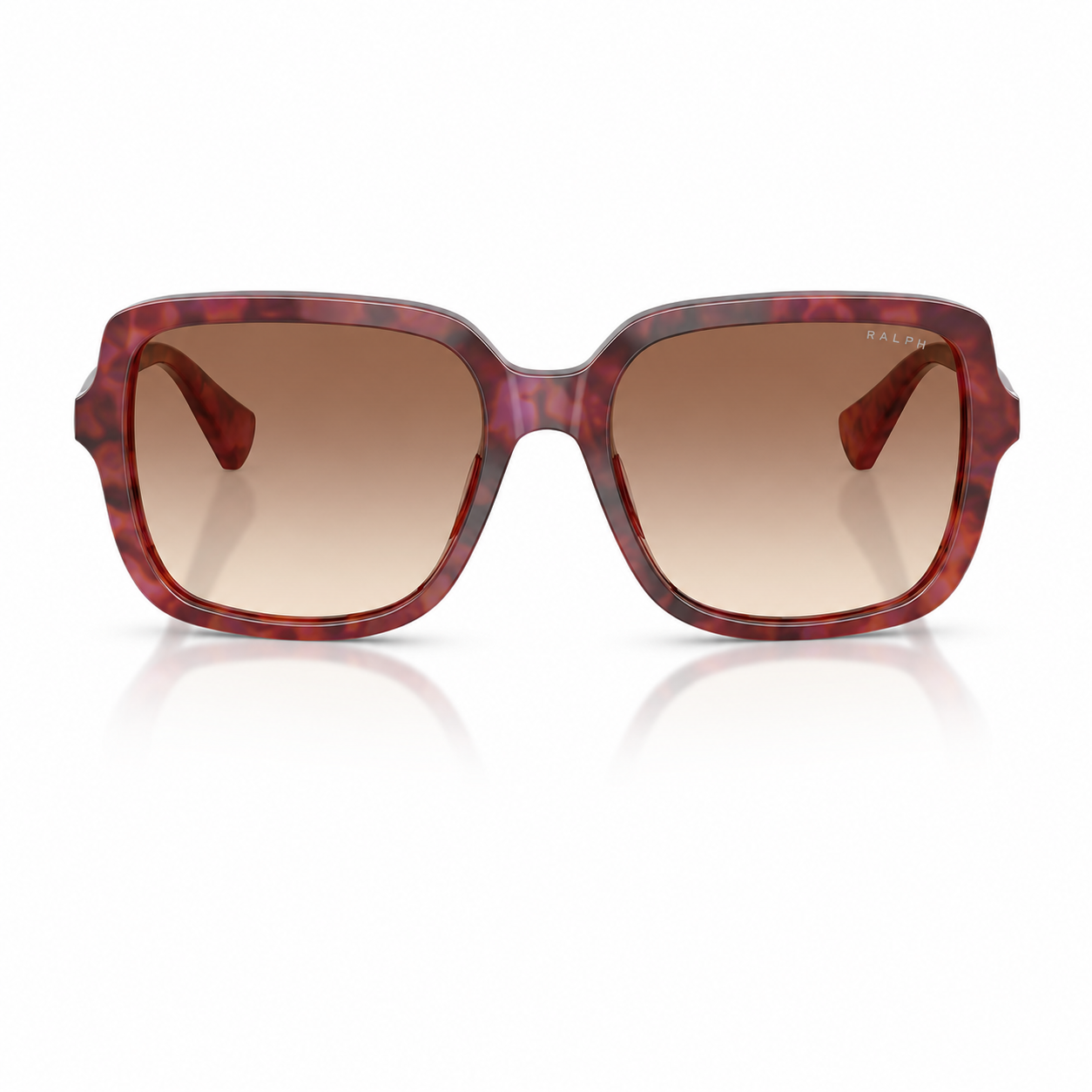 Lentes de sol Ralph carey rojo vista frontal Lentes de sol Ralph en vista frontal, con montura carey rojo, cristales marrón degradado y forma cuadrada sobre fondo blanco.