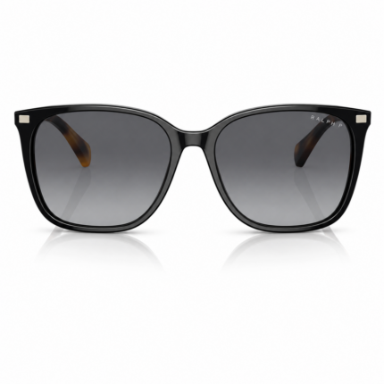 Lentes de sol Ralph negros en vista frontal, con montura amplia, cristales degradados grises y diseño elegante sobre fondo blanco.