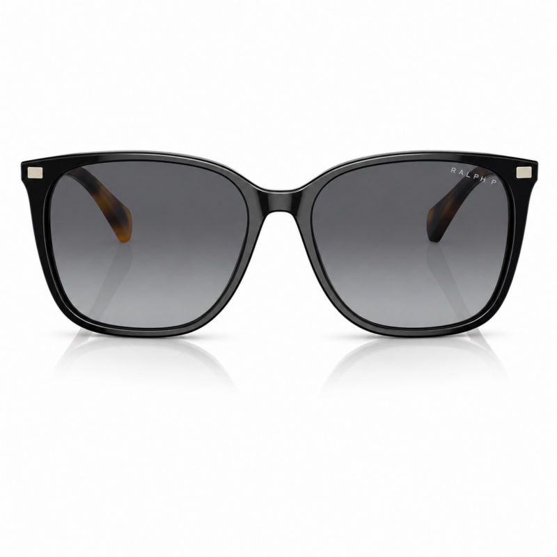 Lentes de sol Ralph negros en vista frontal, con montura amplia, cristales degradados grises y diseño elegante sobre fondo blanco.