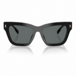 Lentes de sol Tory Burch negros estilo cat eye en vista frontal, con cristales oscuros y detalles dorados laterales sobre fondo blanco.