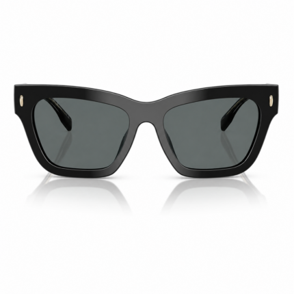 Lentes de sol Tory Burch negros estilo cat eye en vista frontal, con cristales oscuros y detalles dorados laterales sobre fondo blanco.