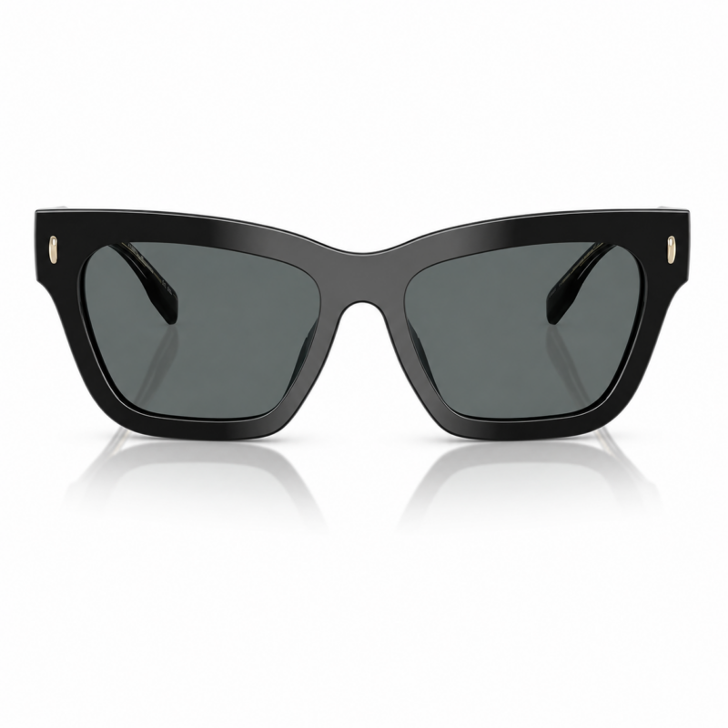 Lentes de sol Tory Burch negros estilo cat eye en vista frontal, con cristales oscuros y detalles dorados laterales sobre fondo blanco.
